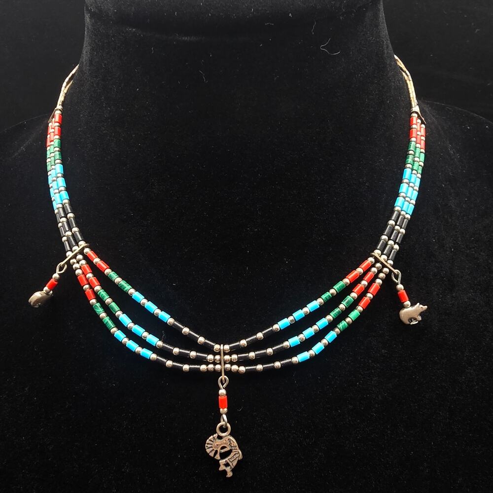 Sterling Silver Kokopelli Necklacke Turquoise Coral Onyx Layeres Liquid Silver